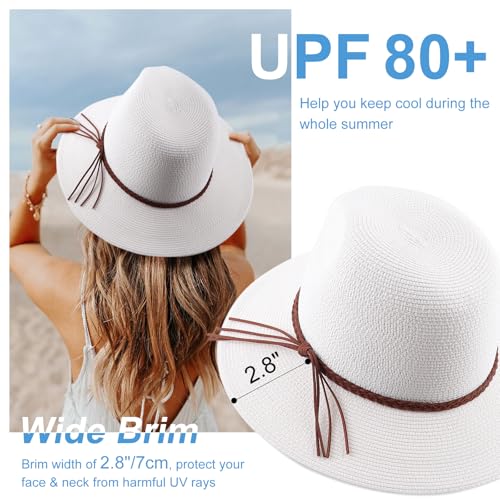 DRESHOW Women Straw Panama Hat Travel Fedora Beach Sun Hat Summer Wide Brim Straw Roll up Hat UPF 50+ - color: Straw Hat With Braided Band: White