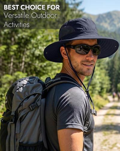 Sun Hats for Men Women UV Sun Protection Waterproof Wide Brim Bucket Hat - color: Navy Blue