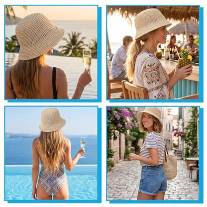 Raffia Bucket Hat, Womens Straw Sun Hat Wide Brim UPF 50+ UV Protection, Handmade Foldable Raffia Bucket Hats for Summer Travel, Packable Floppy Cap for Vacation Beige