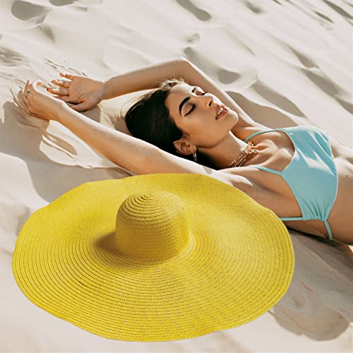 Oversized Beach Hat Women, Extra Wide Brim Foldable Straw Floppy Sun Hat - color: Yellow