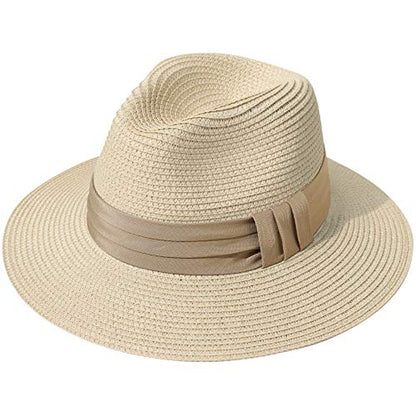 Lanzom Women Wide Brim Straw Panama Roll up Hat Fedora Beach Sun Hat UPF50+ - color: Khaki, size: One Size-Medium