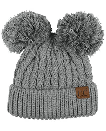 C.C 2 Ear Pom Pom Cable Knit Soft Stretch Cuff Skully Beanie Hat - color: Light Melange Gray