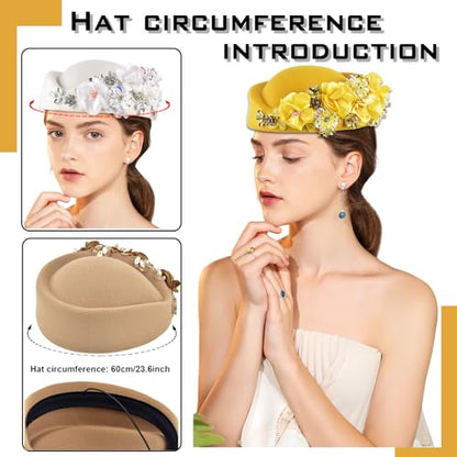 Women's Retro Stewardess Felt Hat, British Berets, Rhinestone Flower Decor, Ladies' Church Derby Hat - color: Yellow
