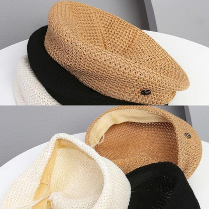 CLeemuzinN Women Summer Beret Hat Slouchy Crochet French Artist Caps Travel Beach Painters Hats Ladies Spring Fall - color: Ivory, size: Medium-Large