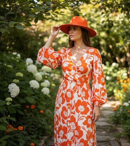 Lisianthus Women Classic Felt Fedora Wide Brim Hat with Belt Buckle - color: Carroty