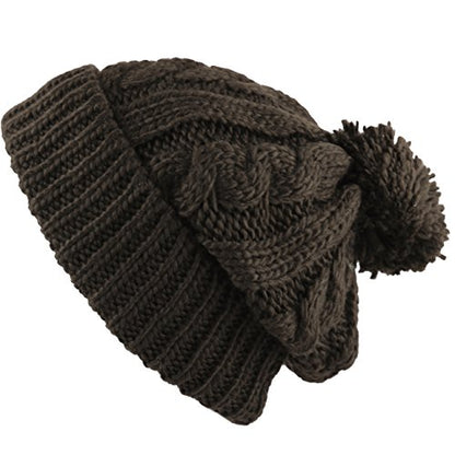 Women and Men Beanie Daily Winter Oversized Thick Stretchy Knitted Pom Pom Beanie Fleece Lined Beanie Hat - color: 1. Curly Dark Brown
