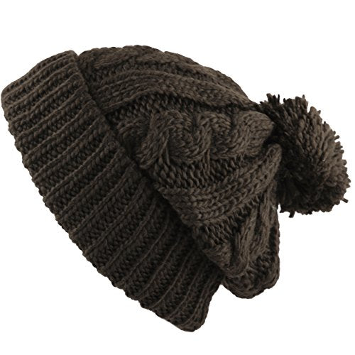 Women and Men Beanie Daily Winter Oversized Thick Stretchy Knitted Pom Pom Beanie Fleece Lined Beanie Hat - color: 1. Curly Dark Brown