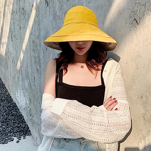 Women Wide Brim Sun Hats Metal Wired Edge Summer UV Protection Beach Fishing Hat for Hiking Garden Travel Chin Strap - color: Lant001-yellow, size: One Size