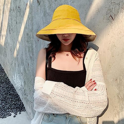 Women Wide Brim Sun Hats Metal Wired Edge Summer UV Protection Beach Fishing Hat for Hiking Garden Travel Chin Strap - color: Lant001-yellow, size: One Size