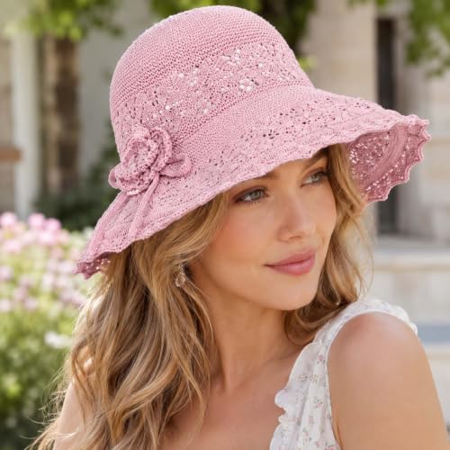 Woven Straw Bucket Hat for Women Bowknot Straw Bucket Hats Packable Sun Hats Summer Party Travel Daily Wear - color: Pink