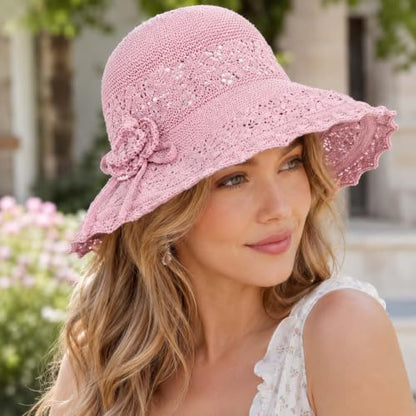 Woven Straw Bucket Hat for Women Bowknot Straw Bucket Hats Packable Sun Hats Summer Party Travel Daily Wear - color: Pink
