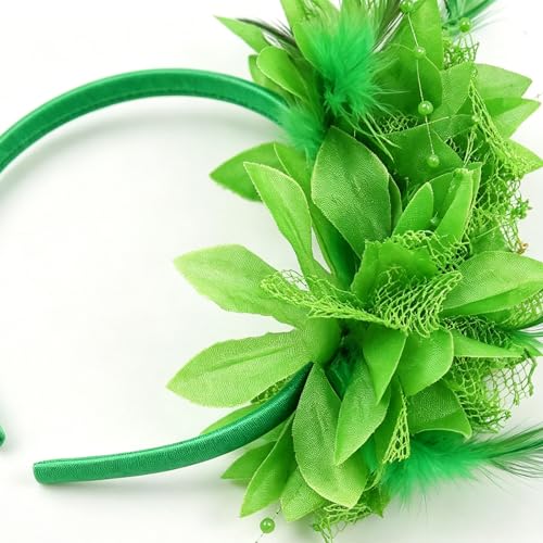 Purple Flower Headband, Floral Feather Hairband with Pearl Design Party Headband for Women St. Patrick's Day Headpiece Fascinator Party Hair Accessories Carnival Hair Hoop - color: Green