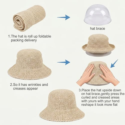 Raffia Bucket Hat, Womens Straw Sun Hat Wide Brim UPF 50+ UV Protection, Handmade Foldable Raffia Bucket Hats for Summer Travel, Packable Floppy Cap for Vacation Beige