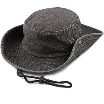 The Hat Depot Cotton Stone-Washed Safari Wide Brim Foldable Double-Sided Sun Boonie Bucket Hat - color: 4. Black Denim, size: Small-Medium