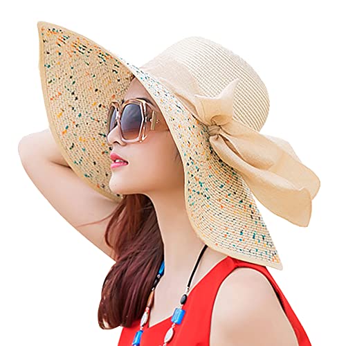Womens Sun Straw Hat Wide Brim Summer Hat Foldable Beach Hats Floppy Roll up Cap Sunhat with Bowknot Beige - color: Beige