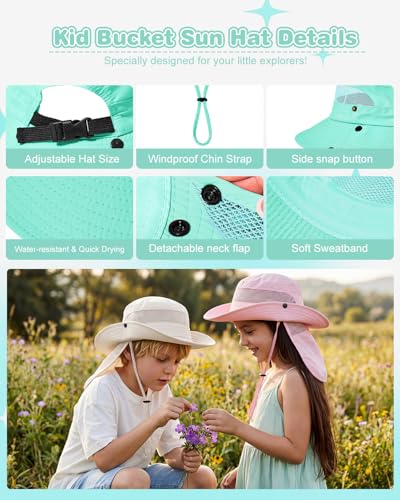 Century Star Kids Sun Hat with Ponytail Hole & Detachable Neck Flap UPF50+ Quick Dry Girls Bucket Hat for Outdoor Beach - color: Lake Blue
