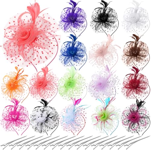 Tarpop 16 Pcs Fascinators Hat Tea Party for Women Flower Mesh Fascinators Hat Wedding Feather Headband Cocktail Hair Clip - color: Mixed Colors, style: Retro