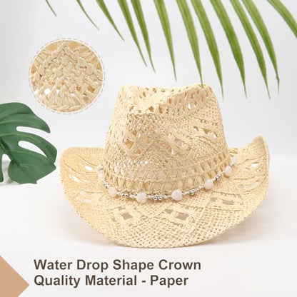 AQOKKA Straw Cowboy Hats for Women Men Western Cowgirl Hats with Shapeable Brim Woven Hollow Out Unisex Beach Roll Up Caps - color: Cowboy Hat : Beige