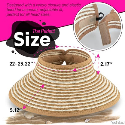 Women’s Sun Visor - UPF 50+ Protection, Wide Brim, Adjustable, Ponytail-Friendly, Packable - Ideal for Travel & Beach - color: Straw Stripes