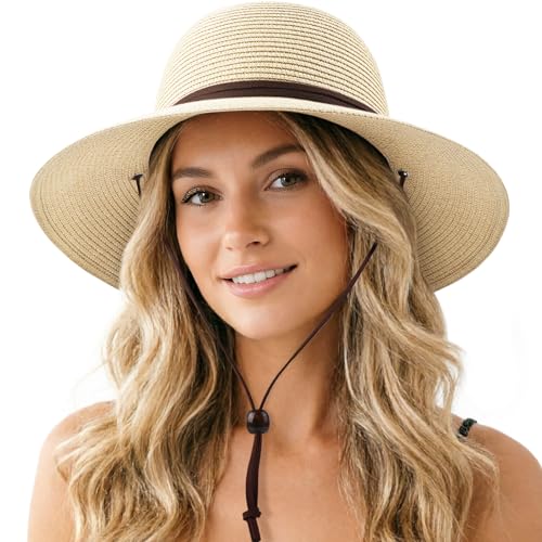DRESHOW Womens Summer Straw Sun Hat Wide Brim Bucket Hats Fedora Hat Panama Beach Hat with Chin Strap UPF 50+ - color: Straw Hat With Wind Lanyard: Beige