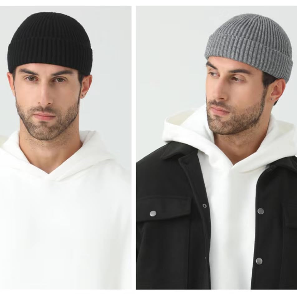 3 Pack Wool Fisherman Beanies for Men, Short Knit Watch Cap Cuffed Hats - color: B-black, Gray, Dark Green