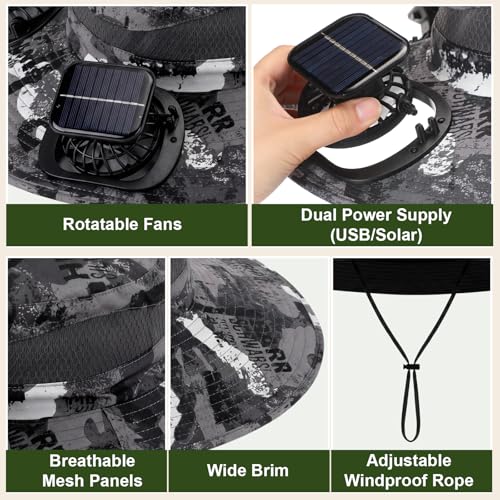 Syhood Solar Powered Fan Hat Neck Gaiter Arm Sleeves Sun Bucket Hat with Fan Cooling Wide Brim Hats for Fishing Hiking - color: Camouflage7, style: Breathable