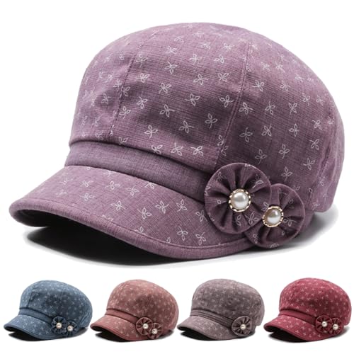 Women's Lady's Cotton Beret Cap Newsboy Cap Drawing Beret Hat Bakerboy Cabbie Cap with Bowknot Decor - color: Deep Red