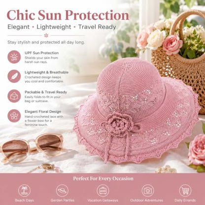 Woven Straw Bucket Hat for Women Bowknot Straw Bucket Hats Packable Sun Hats Summer Party Travel Daily Wear - color: Pink