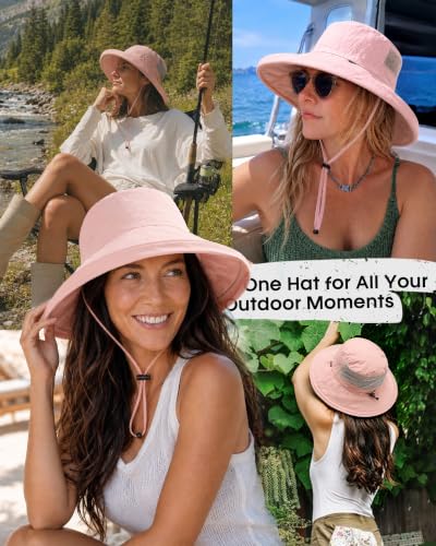 FURTALK Sun Hats for Women Wide Brim Ponytail UV Packable Hiking Travel - color: Pink