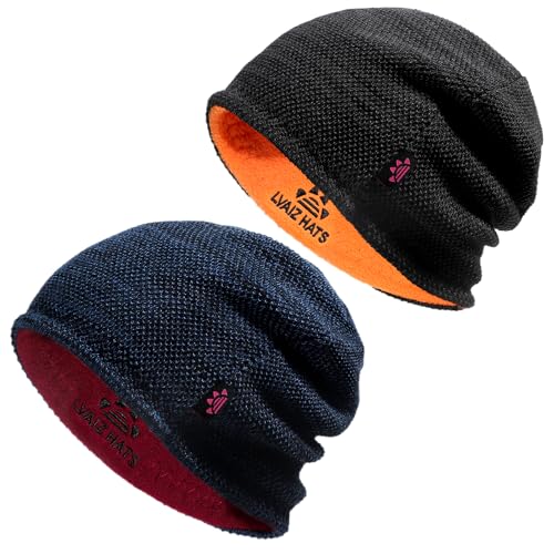 2 Pack Fleece Lined Beanie Hat Reversible Knit Skull Cap for Men Women - color: Black+blue