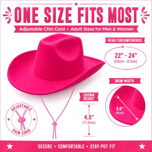 COLLECT PRESENT Plain Felt Cowboy & Cowgirl Hat for Men and Women | Western Studded Cowboy Hat in Adult Sizes - color: Fuchsia Pink