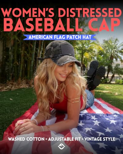 Funky Junque Distressed Baseball Cap, Vintage Embroidered Dad Hat - color: 1 American Flag - Black Camo