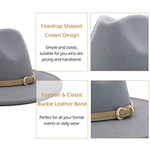 Lisianthus Women Classic Felt Fedora Wide Brim Hat with Belt Buckle - color: Light Grey