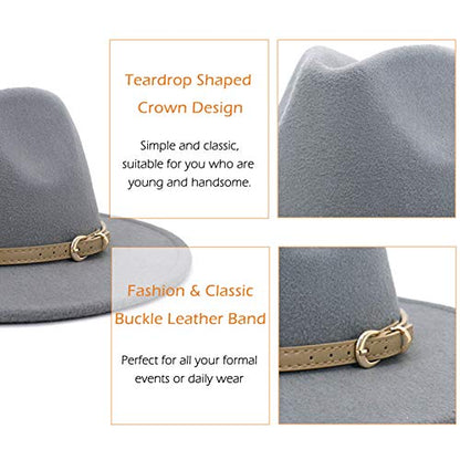 Lisianthus Women Classic Felt Fedora Wide Brim Hat with Belt Buckle - color: Light Grey