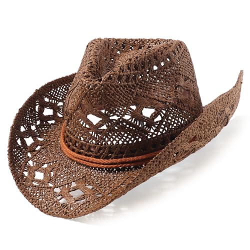 AQOKKA Straw Cowboy Hats for Women Men Western Cowgirl Hats with Shapeable Brim Woven Hollow Out Unisex Beach Roll Up Caps - color: Coffee a