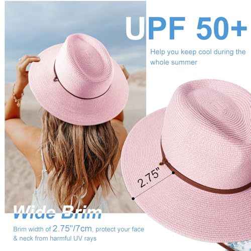 DRESHOW Womens Summer Straw Sun Hat Wide Brim Bucket Hats Fedora Hat Panama Beach Hat with Chin Strap UPF 50+ - color: 1 Pc Panama Fedora: Light Pink