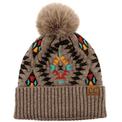 C.C Fur Pom Winter Fall Trendy Chunky Stretchy Cable Knit Beanie Hat - color: Aztec Taupe