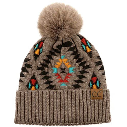 C.C Fur Pom Winter Fall Trendy Chunky Stretchy Cable Knit Beanie Hat - color: Aztec Taupe
