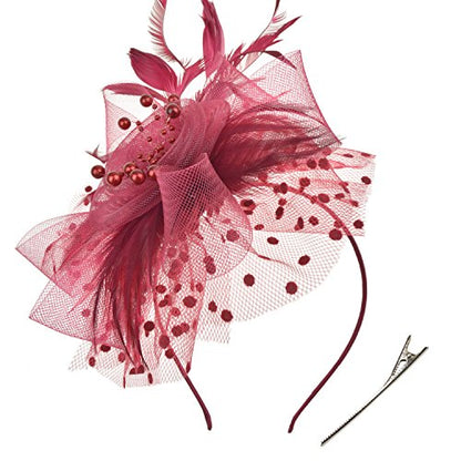 AQOKKA Women Fascinators Hats Flower Fascinators with Headband and Clip Tea Party Headwear for Women and Girls - color: 1 Pc 7" Diameter / Burgundy