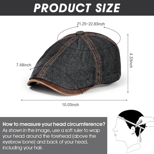 Newsboy Cap for Men Adjustable 6 Panel Flat Hat - color: Denim-1-black