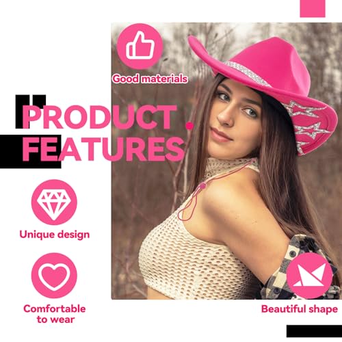 SHENYI Cowgirl Hat and Bandana and Heart Sunglasses Glitter Rhinestone Star Cowboy Hat Western Sparkly Hats for Women Men - color: Cowgirl Hot Pink
