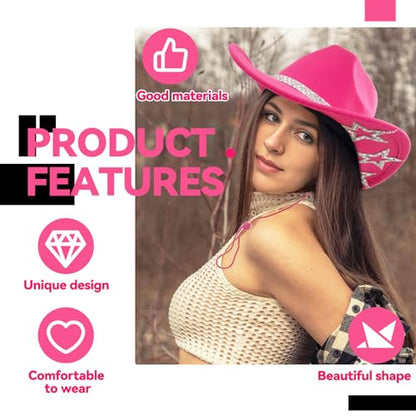 SHENYI Cowgirl Hat and Bandana and Heart Sunglasses Glitter Rhinestone Star Cowboy Hat Western Sparkly Hats for Women Men - color: Cowgirl Hot Pink