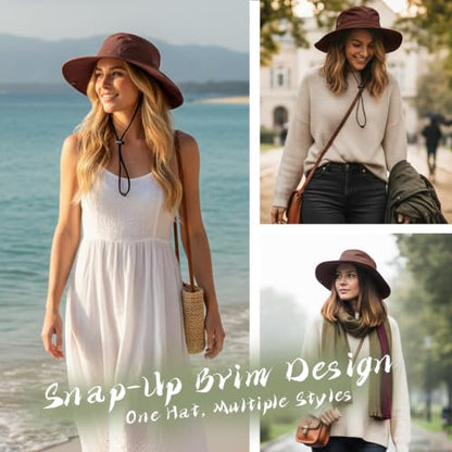 Wide Brim Waterproof Bucket Rain Hat for Women Men UPF50+ Cowboy Sun Hat - color: Rust
