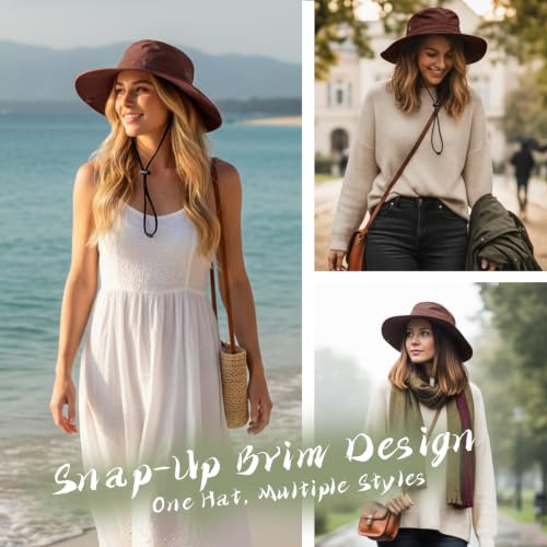 Wide Brim Waterproof Bucket Rain Hat for Women Men UPF50+ Cowboy Sun Hat - color: Rust