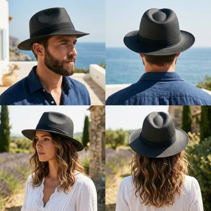 Men Women Summer Fedora Panama Hat Trilby Cuban Paper Straw Sun Hats Wide Brim with Black Band - color: Black, size: Large-X-Large