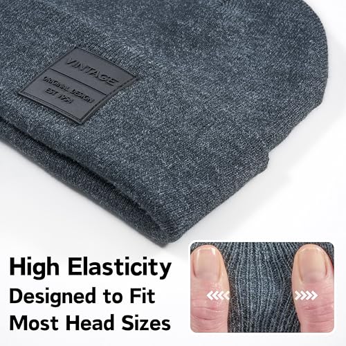 VINTAGE HAVANA Beanie for Women & Men | Thick Cuffed Knitted Winter Hat Beanies Unisex Skull Caps| Vintage Logo Patch - color: Grey