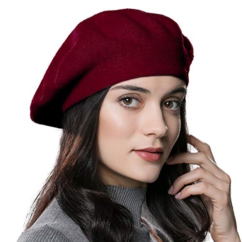 Womens Winter Beret Hat Knitted Beanie Cap Autumn Winter Hat French Classic Beret - color: Wine Red