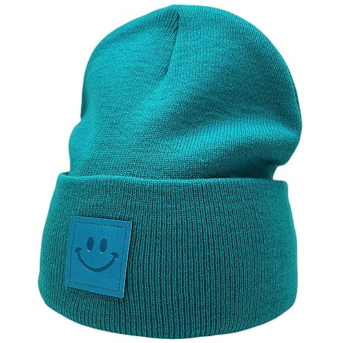 55cube Unisex Knit Cuffed Beanie Hats Warm Winter Caps with Leather Logos - color: Peacock Green