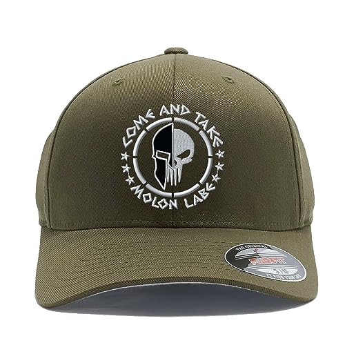 Spartan Skull Warrior Helmet Molon Labe/ΜΟΛΩΝ ΛΑΒΕ - Come and Take Embroidered Flex Fitted Baseball Hat - color: Olive, size: Large-X-Large