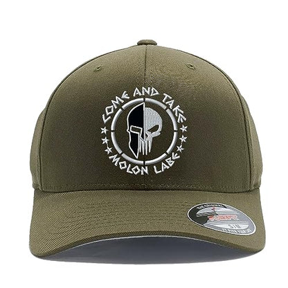 Spartan Skull Warrior Helmet Molon Labe/ΜΟΛΩΝ ΛΑΒΕ - Come and Take Embroidered Flex Fitted Baseball Hat - color: Olive, size: Large-X-Large